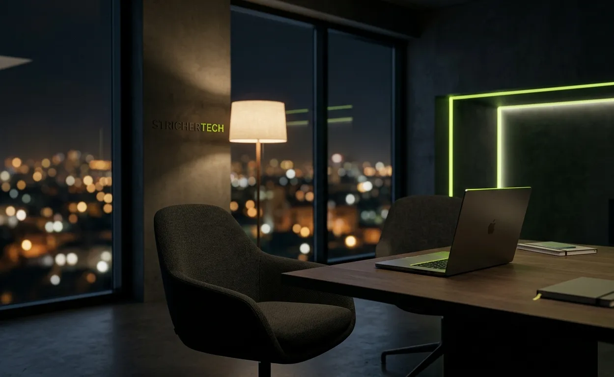 A quiet meeting corner in the studio at night, laptop on the table and city lights behind.