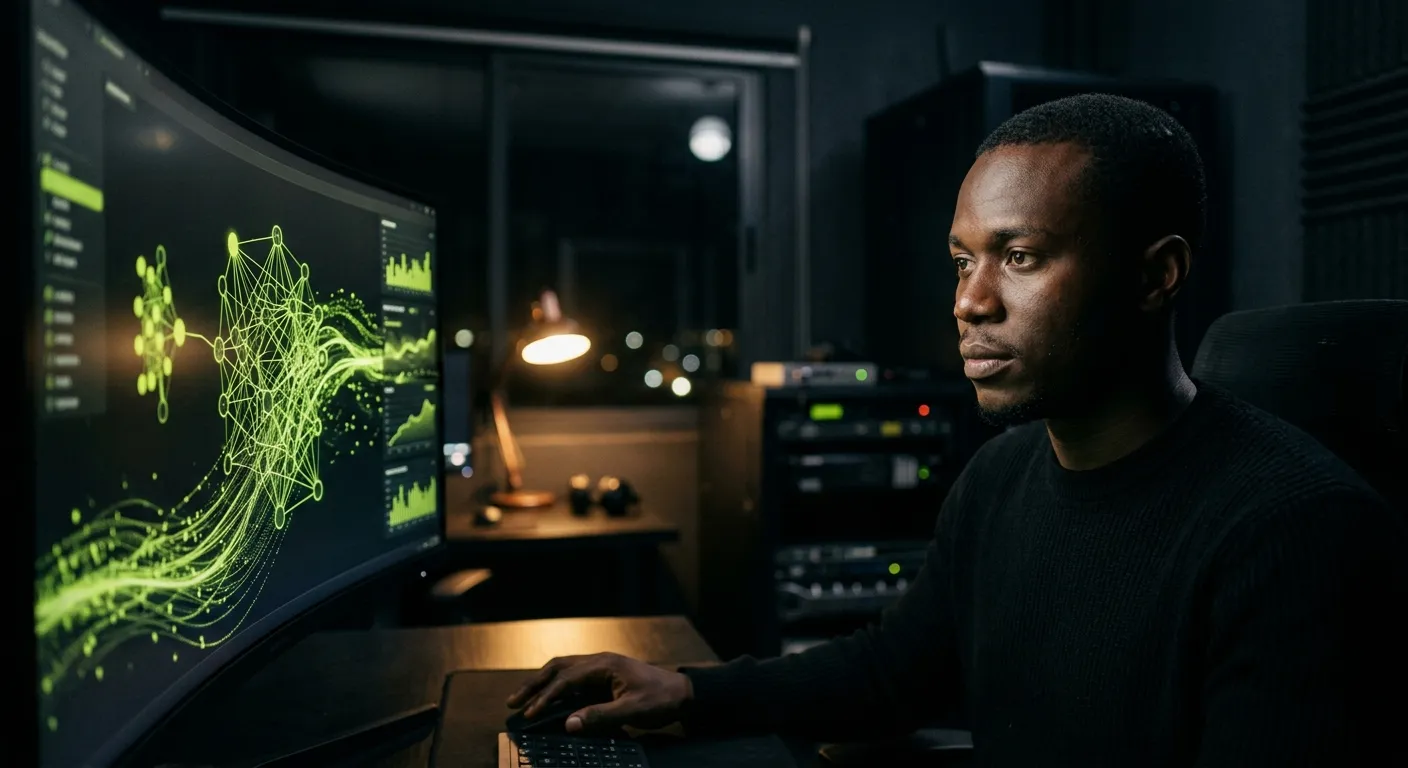 Engineer studying a glowing neural-network visualization on a curved monitor.
