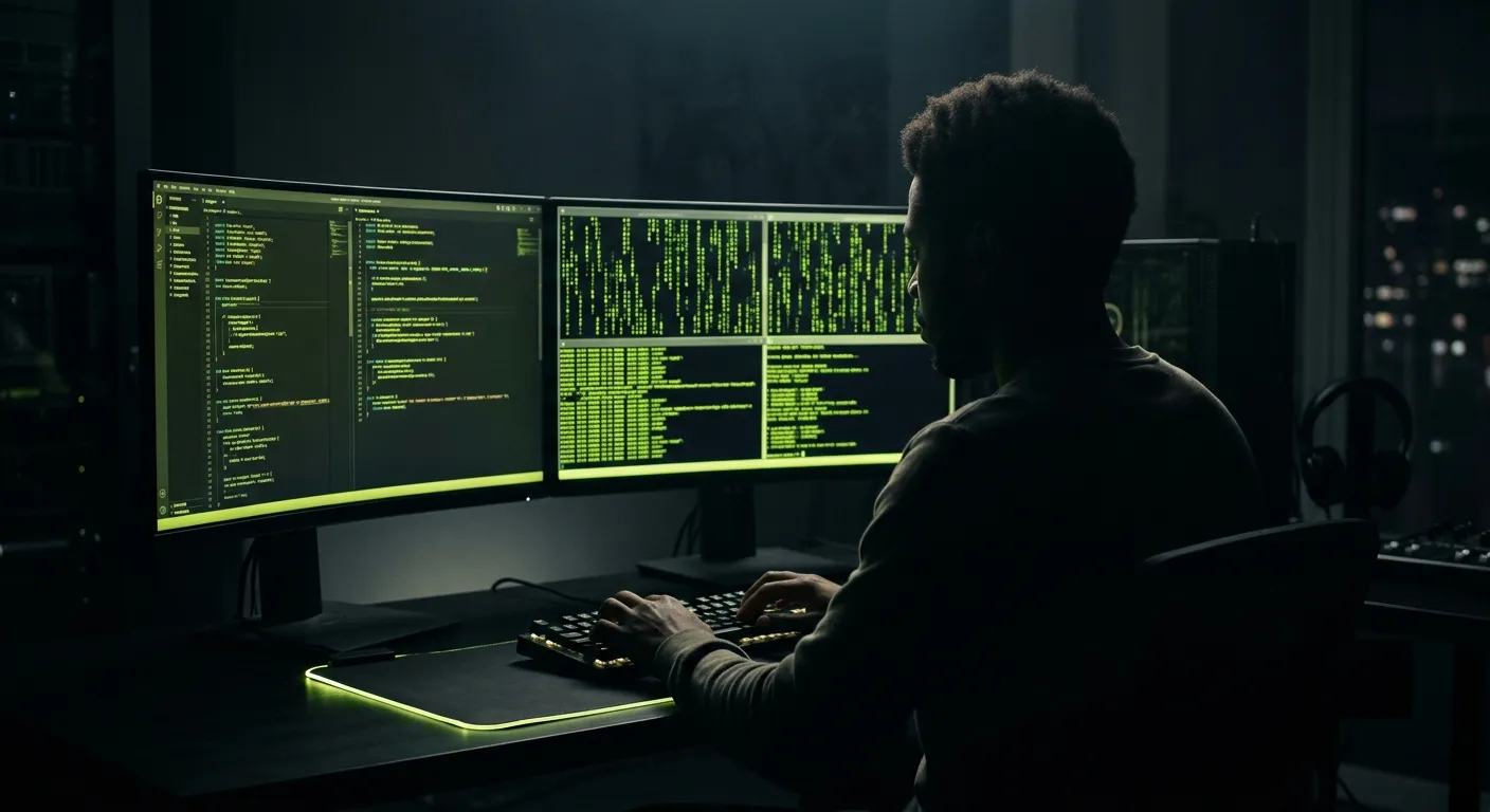 Engineer at dual monitors filled with code in a dark room at night.