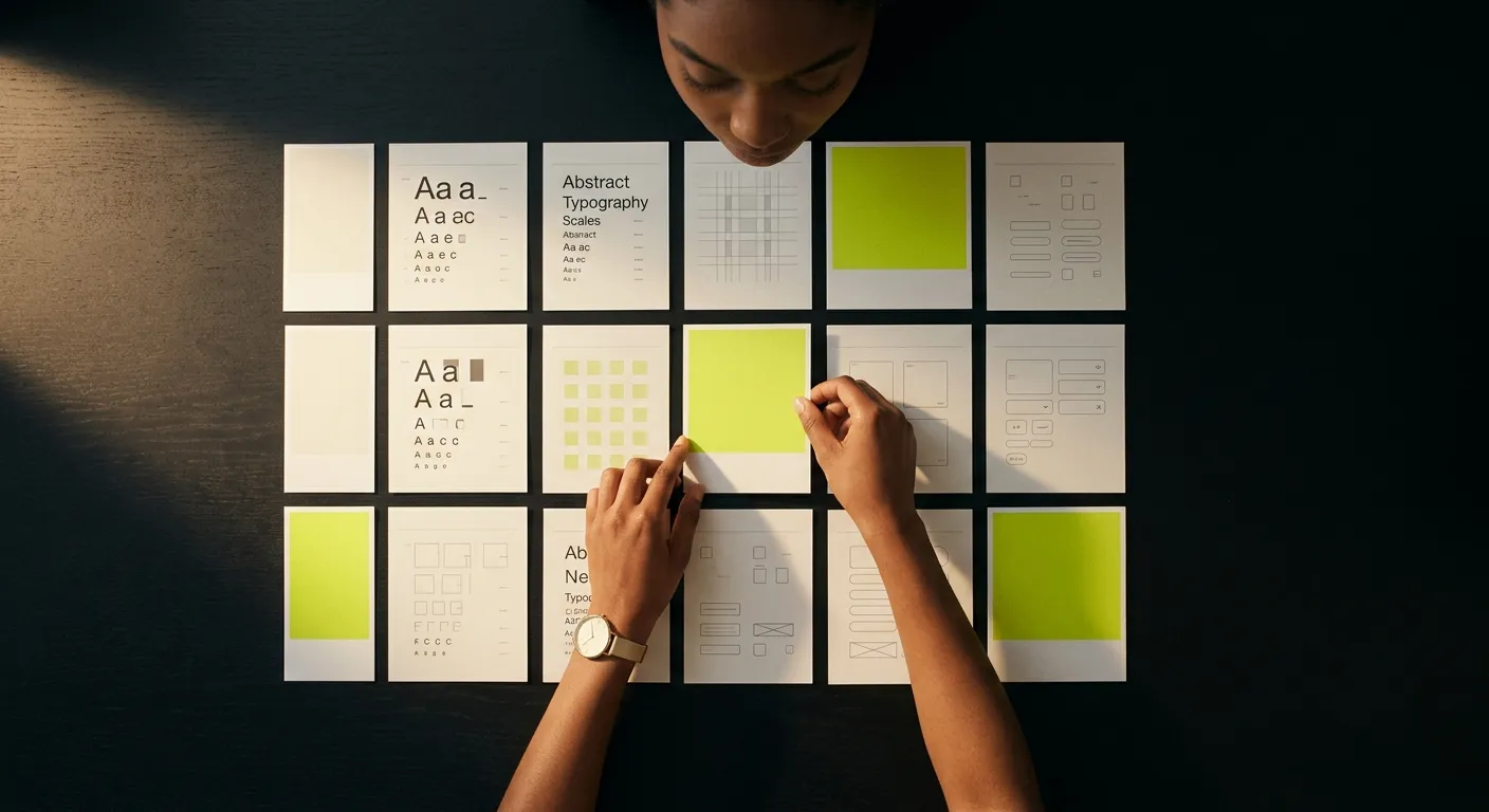 Designer arranging design-system specimen cards and lime color swatches on a dark table.