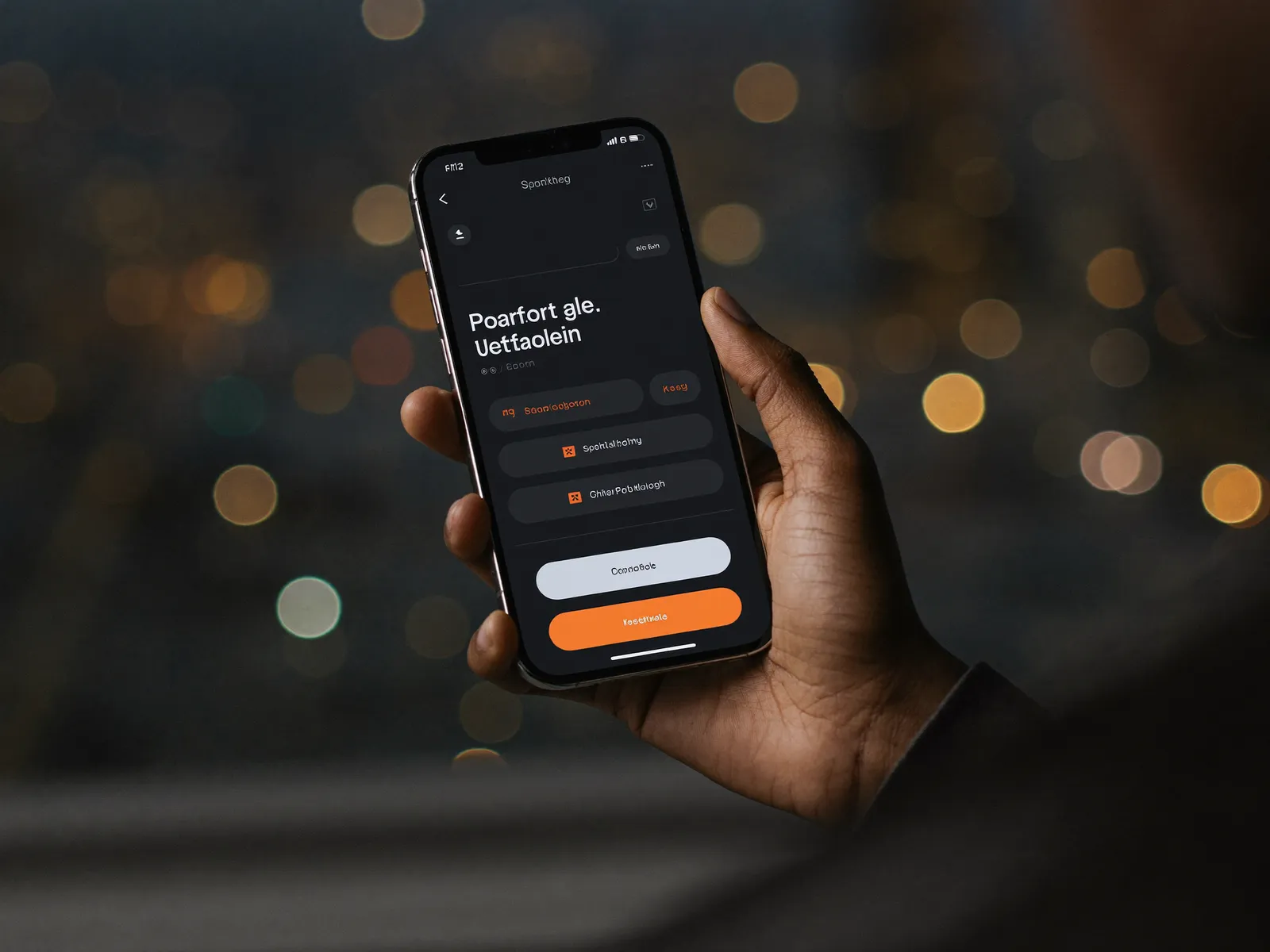 Hand holding a smartphone showing a dark-mode mobile app interface.