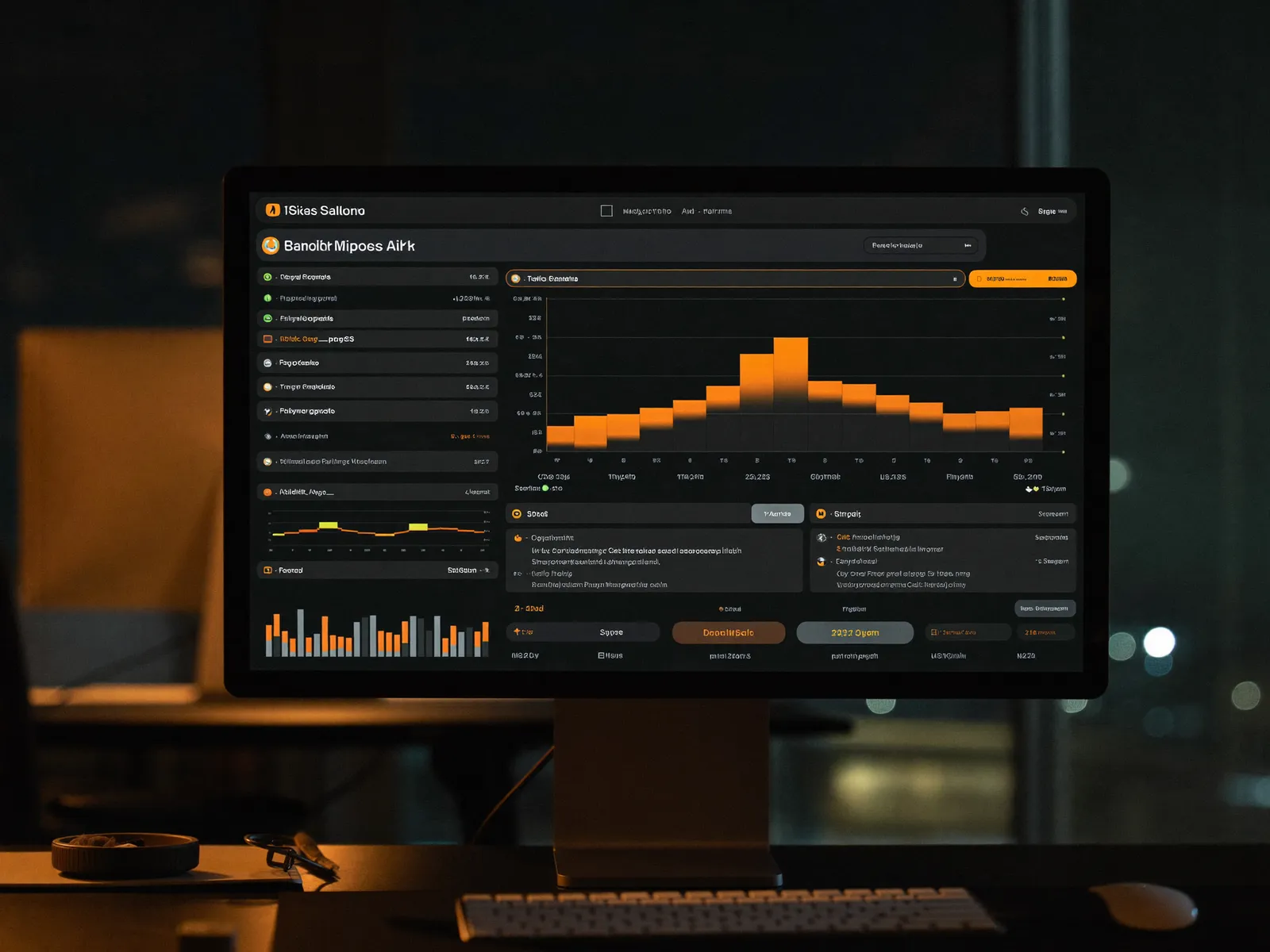 Desktop monitor displaying a dark-mode SaaS analytics dashboard.