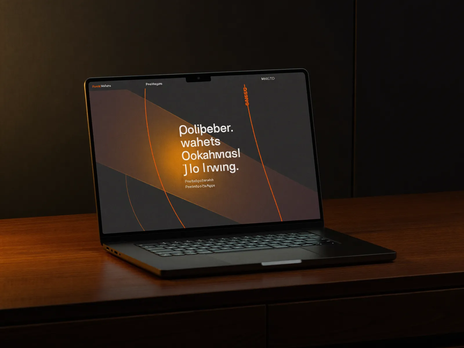 Laptop on a dark desk displaying a dark-mode website with orange accents.